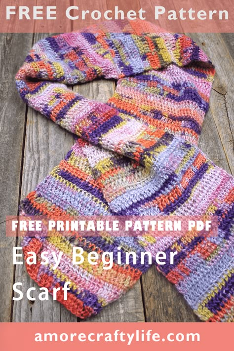 How to Crochet a Scarf - Basic Beginner Pattern - A More Crafty Life Easy Scarves To Crochet, Easy Crochet Scarf For Beginners Free Pattern, Crochet Scarf Pattern Free Easy One Skein, Quick Crochet Scarf Pattern Free, Crocheted Scarf Patterns, Beginner Crochet Scarf, Amanda Crochets, Crochet Scarf Pattern Free Easy, How To Crochet A Scarf