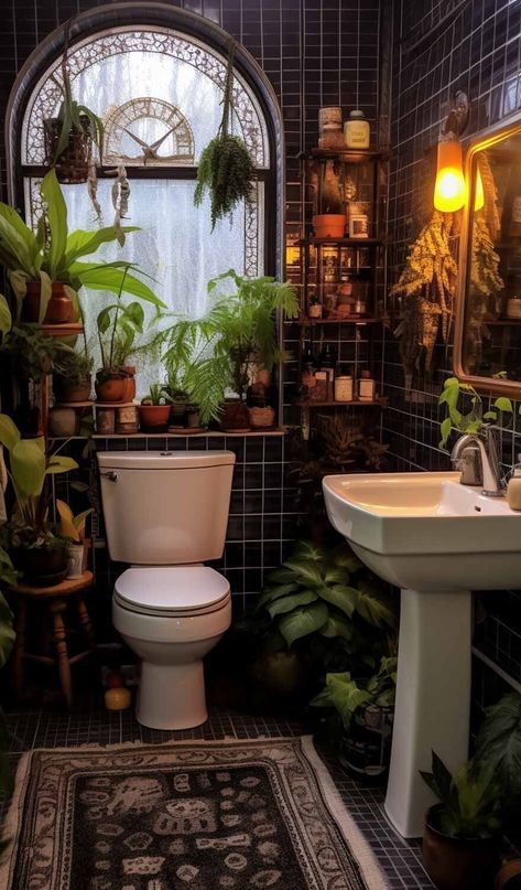 Vintage Maximalism Bathroom, Goth Bathroom Aesthetic, Dark Aesthetic Bathroom Ideas, Maximalist Beach House, Cluttercore Bathroom, Dark Restroom Ideas, Dark Maximalism Bathroom, Whimsigoth Home Decor, Whimsigoth House