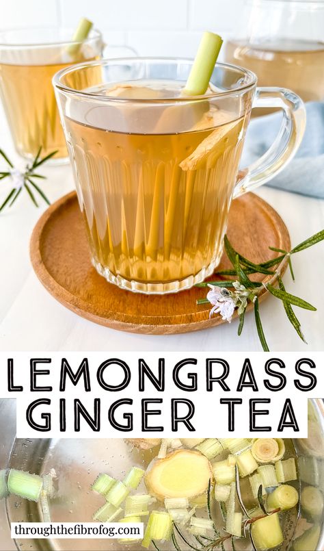 labelled lemongrass ginger tea in glass cups next to rosemary and a blue cloth and lemongrass and ginger slices in a metal pot. Lemon Grass Drink, How To Make Lemongrass Tea, Lemongrass Drink Recipe, Lemongrass Ginger Tea, Lemongrass Drink, Lemon Grass Tea, Fresh Ginger Lemon Honey Tea, Ginger Mocktail, Caffeine Free Drinks