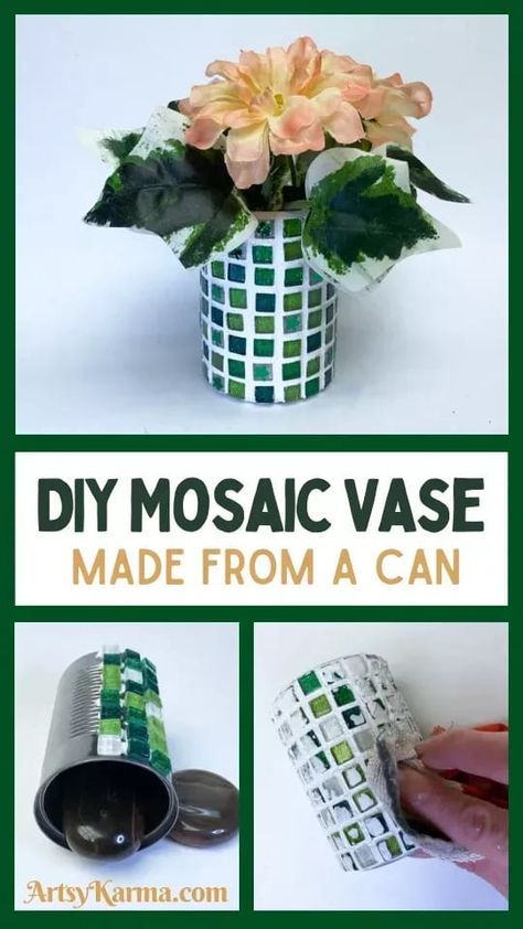 In this post, I’ll show you the process of turning a recycled soup can into a mosaic flower vase using glass tiles and mosaic grout. Mosaic Vases, Creative Upcycling, Paper Mosaic, Personalized Glassware, Mosaic Vase, Recycle Cans, Diy Mosaic, Tin Cans, Mosaic Wall Art