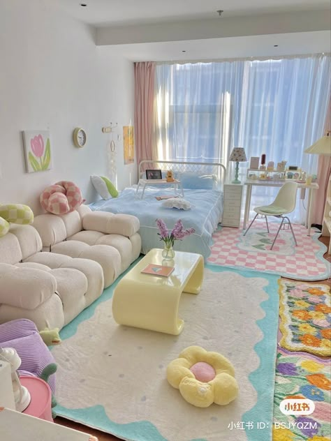 Pretty Wallpapers Bedrooms, Cute Kawaii Bedroom Ideas, Kawaii Studio Apartment, Pastel Studio Apartment, Cute Cozy Living Room, Cute Bedroom Furniture, Kawaii Interior Design, Pastel Apartment Aesthetic, Living Room Kawaii