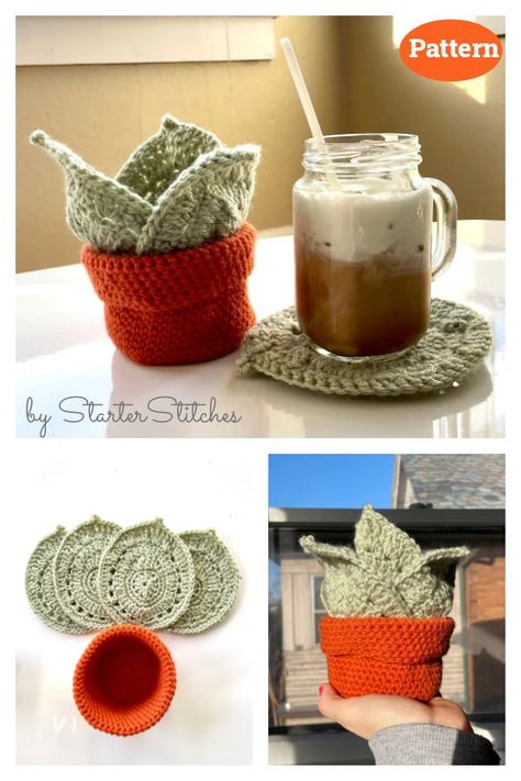 6 Surprise Plant Pot Coaster Set Crochet Patterns - Page 2 of 2 Unique Crochet Home Decor, Crochet Leaves Coaster, Crochet Cactus Coasters Free Pattern, Crochet Gifts For Gardeners, Crochet Leaf Coasters In Flower Pot, Succulent Plant Pot Coaster Set Crochet Pattern, Crochet Coaster Sets Free Pattern, Flower Pot Coaster Crochet Pattern, Crocheted Succulent Coasters