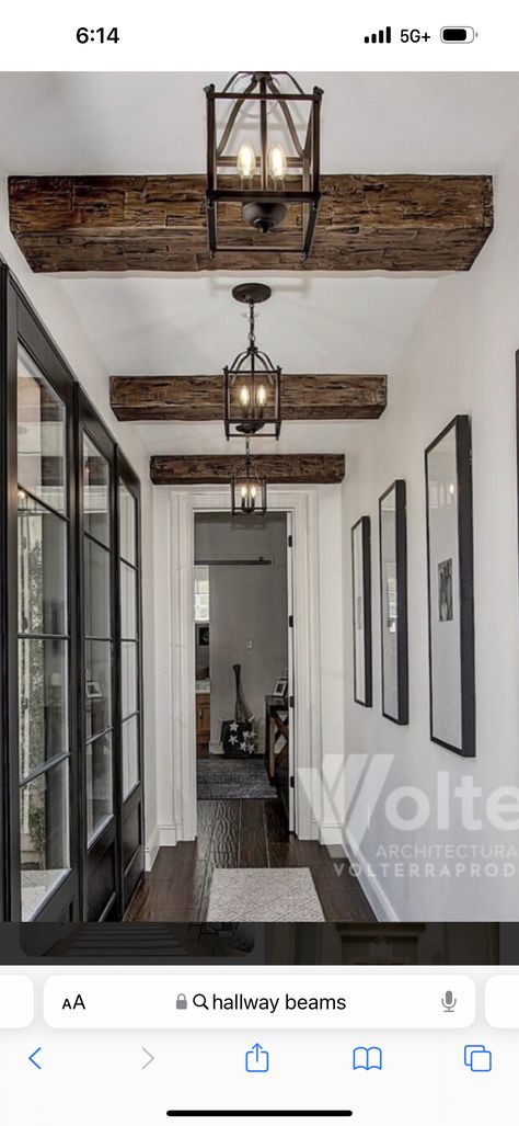 Wood Beam Ceiling Hallway, Hallway Beams Entryway, Beams In Hallway, Hallway Beams, Hallway Remodel, Beams Ceiling, Hallway Lights, Buy Dirt, Dark Ceiling