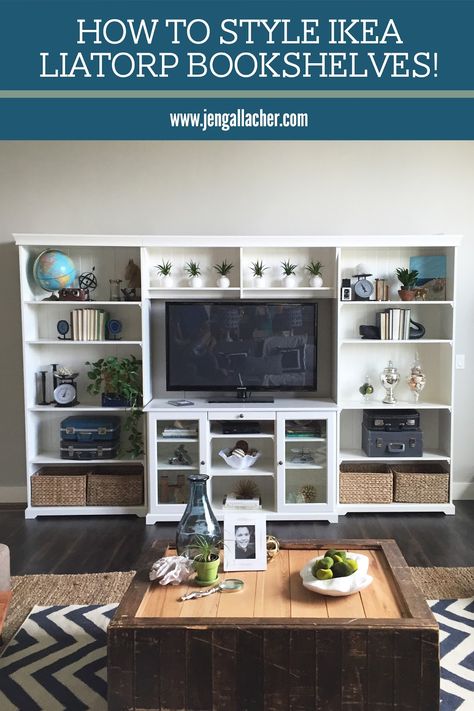 How to style a bookshelf by www.jengallacher.com. Liatorp Bookshelf and Entertainemtn Center from Ikea. #shelfie #bookshelves #stylingashelf Shelfie Bookshelves, Ikea Entertainment Center, Ikea Liatorp, Style A Bookshelf, Diy Entertainment, Ikea Decor, Entertainment Center Decor, Diy Entertainment Center, Bookshelf Decor