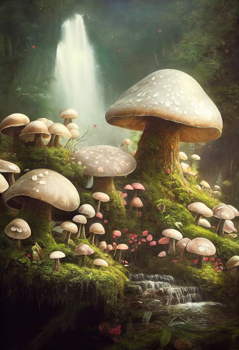 Big mushrooms growing in an enchanted forest. Giant Mushroom Forest, Enchanted Mushroom Forest, Enchanted Fairy Forest Aesthetic, Enchanted Forest Moodboard, Big Mushroom Drawing, Mossy Mushroom Forest, Mushroom Forest Aesthetic, Enchanted Mushroom, Enchanted Forest Mushrooms