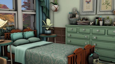 Sims Bedroom, Sims4 Lookbook, Sims Room, Ts4 Builds, Sims 4 Houses Layout, Teal Bedroom, Sims Builds, Sims 4 Bedroom, Dorm Room Designs