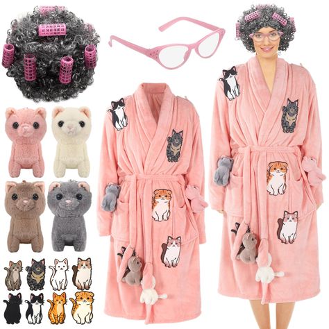 PRICES MAY VARY. Cat Costume for Women Set: you will get 1 piece of pink robe and 4 pieces of stuffed cat in 4 different styles, 1 piece of old lady pink cat eyeglasses, 8 pieces of hair curlers, 1 piece of old lady wig and 8 pieces of felt cat patches, nice combination, and sufficient quantity to meet your party needs and replacements Quality Materials for Comfort: our cat robe is made of quality coral fleece, which is soft, cozy, and comfortable to wear; The wig is made of polyester, which is Cat Lady Costume, Old Lady Wig, Warm Halloween Costumes, Work Appropriate Halloween Costumes, Cats Costume, Mom Halloween Costumes, Mom Costumes, Old Lady Costume, Quick Halloween Costumes