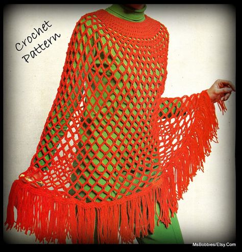 Crochet Poncho Pattern Mesh and Fringed Women PDF by MsBobbies Orange Poncho, Crochet Poncho Pattern, Poncho Au Crochet, Motifs Granny Square, Poncho Patterns, Beau Crochet, Crochet Poncho Patterns, Vintage Crochet Pattern, Crochet Vintage