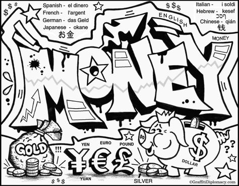 Money Money Graffiti Drawing, Money Coloring Pages, Graffiti Coloring Pages, Graffiti Creator, Graffiti Coloring, Things To Color, Graffiti Images, Alphabet Graffiti, Coloring Stuff