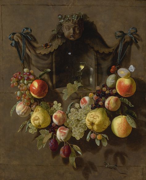 Pieter van den Bosch the Younger  A TROMPE L'OEIL STILL LIFE WITH A SWAG OF GRAPES, PEARS, PEACHES, APPLES, PLUMS, AND BUTTERFLIES DECORATING A NICHE WITH A GLASS ROEMER, 1654 China Vase, Dutch Still Life, Google Art Project, Dutch Golden Age, Still Life Fruit, Food Painting, Dutch Painters, Louvre Paris, Louvre Museum