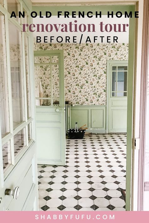 Visit this French country house tour renovation outside of Paris in an updated romantic style! Home tour l French country l Modern French home l French furniture l French renovation l elegant French home French Country House Wallpaper, Modern Beadboard, Cottage Carpet, French Renovation, Romantic Style Home, French Country Flooring, Modern French Home, Country Style Architecture, French Country Wallpaper