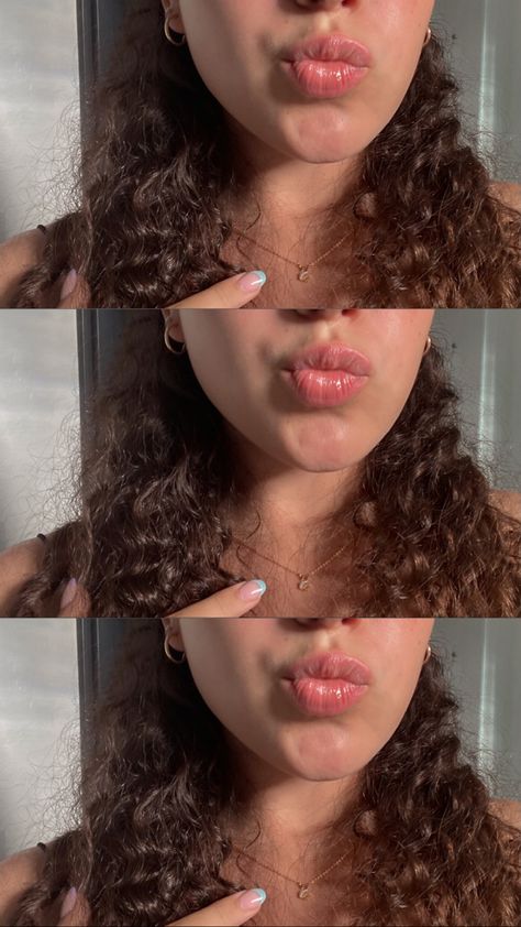 triple layout of kissy lips and curly hair. blue nail tip. aesthetic. Kissy Lips, Small Lips, Nail Tip, Blue Nail, Blue Nails, Nostril Hoop Ring, Nail Tips, Curly Hair, Curly Hair Styles