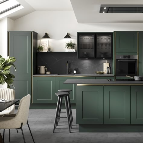 Green Kitchen Designs, Dark Green Kitchen, Handleless Kitchen, Kitchen Green, Green Kitchen Cabinets, Luxury Tile, Dining Room Home Office, Porcelain Floor, Shaker Kitchen