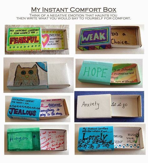 Art Therapy Idea of the Day: Matchbox Worries/Comfort Box via Connecticut Counseling Association- an intervention that is compact and carried around in your pocket. Get a matchbox or other small container.Sometimes it is better to put the negative emotion in the box and the healing message on the outside-- try it that way or reverse it so that the healing message is on the inside. Use drawing materials, include collage, beads and embellishments. Carry your comfort with you for when you need it! Art Therapy Directives, Comfort Box, Recreation Therapy, Art Therapy Projects, School Social Work, Therapeutic Activities, Counseling Activities, Child Therapy, Art Therapy Activities