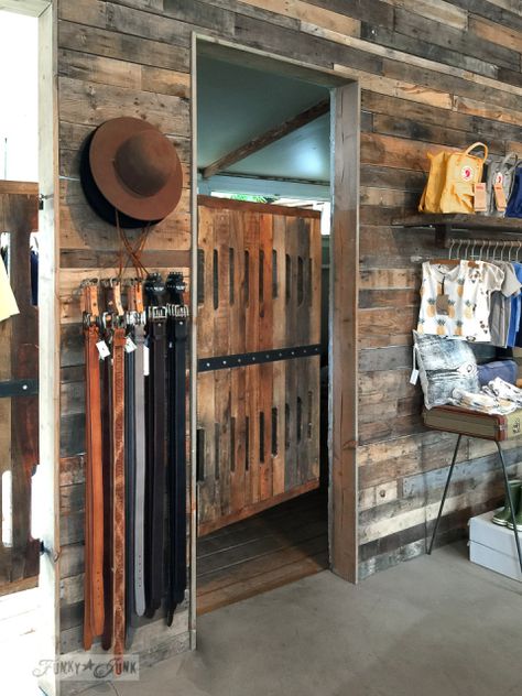 Pallet wood fitting room door and wall at Homme by Nature, in Makawao, Maui / funkyjunkinteriors.net Makawao Maui, Cowboy Store, Pallet Door, Cowboy Town, Fitting Rooms, Clothing Store Interior, Wall Tiles Design, Western Shop, Wood Walls