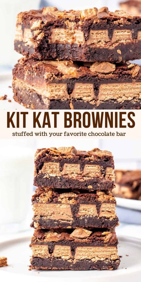 These Kit Kat brownies are thick, fudgy and stuffed with Kit Kats for a delicious crunch in the middle. They're then topped with even more crushed Kit Kats to really take them over the top! Your favorite chocolate bar + fudgy chocolate brownie leads to a match made in heaven! #kitkat #brownies #fudge #chocolate #stuffed #recipe from Just So Tasty Kit Kat Brownies, Ultimate Brownie Recipe, Brownies Chewy, Resep Starbuck, Fudge Chocolate, Kit Kat, Brownie Recipes, Chocolate Flavors, Sweet Snacks