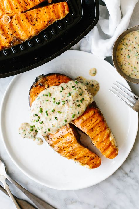 These grilled salmon steaks are what dinner dreams are made of! They're super moist and tender with a hint of char, and drizzled with a creamy mustard chive sauce. Recipes With Sauce, Downshiftology Recipes, Best Grilled Salmon, Salmon Steak Recipes, Chive Sauce, Salmon Steaks, Salmon Steak, Paleo Food, Inflammatory Diet