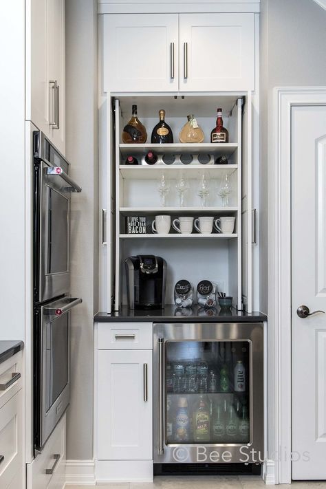 Bar storage in kitchen with wine fridge, bar fridge and coffee station Kitchen With Wine Fridge, Wine Fridge Bar, Storage In Kitchen, Wine And Coffee Bar, Coffee/wine Bar, Coffee Station Kitchen, Bar Fridge, Cozy Homes, Home Coffee Stations