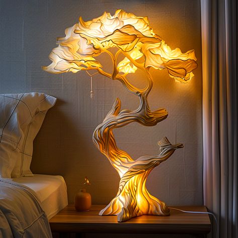 Wooden Lamps Design Creative, Artistic Lamps, Fantasy Room Decor, Unique Lighting Ideas, Lamp Design Ideas, Tree Lamps, Lighting Sculpture, Shadow Lamp, Paper Lamps