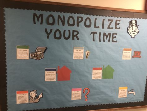 Monopoly Door Decs, Monopoly Ra Theme, Monopoly Bulletin Board, Time Management Bulletin Board, Monopoly Classroom, Door Name Tags, Monopoly Theme, Baruch College, Dorm Themes