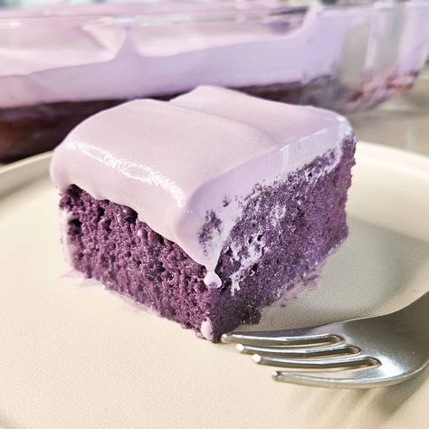 This recipe makes an fusion ube tres leches cake boasting a stunning lavender hue, drenched in a flavorful mixture of three types of milk. Recipes With Ube Sweetened Condensed Milk, Lavender Tres Leches Cake, Casava Cake Recipe Filipino Food, Vegan Ube Recipes, Ube Tres Leches Cake Recipe, Recipes Using Ube Condensed Milk, Purple Desserts Ideas, Ube Tres Leches Cake, Lavender Recipes Baking