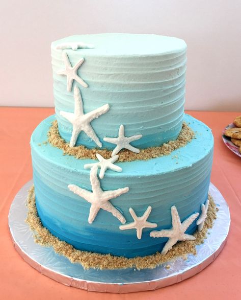 Under Water Cake Ideas, Seaside Cake Ideas, Sea Theam Cake Design, Beach Theme Retirement Cake, Easy Beach Theme Cake, Easy Ocean Theme Birthday Cake, Sea Theme Cake Ocean, 50th Birthday Beach Theme, Beach Retirement Cake