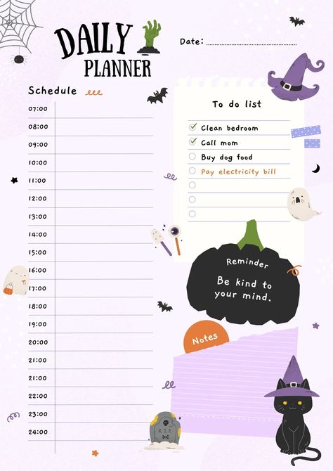 Purple Black Cute Playful Halloween Daily Planner A4 🤍purple, cute, planner, daily, halloween, personal, bullet journal, journal, notes, to do list🤍#canva #canvatemplate #freetemplate #hallooween Halloween Daily Planner, Printable Meal Planner Monthly, Cute Daily Planner, A4 Template, Halloween Planner, Weekly Schedule Planner, Calendar Design Template, Purple Cute, Paper Halloween