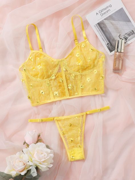 Yellow Romantic   Mesh Floral Sexy Sets  Slight Stretch  Women Intimates Yellow Corset, Yellow Lingerie, Bridal Lingerie Set, Lingerie Bridal, Lingerie Outfits, Wedding Lingerie, Bridal Lingerie, The Sunshine, Bridal Sets