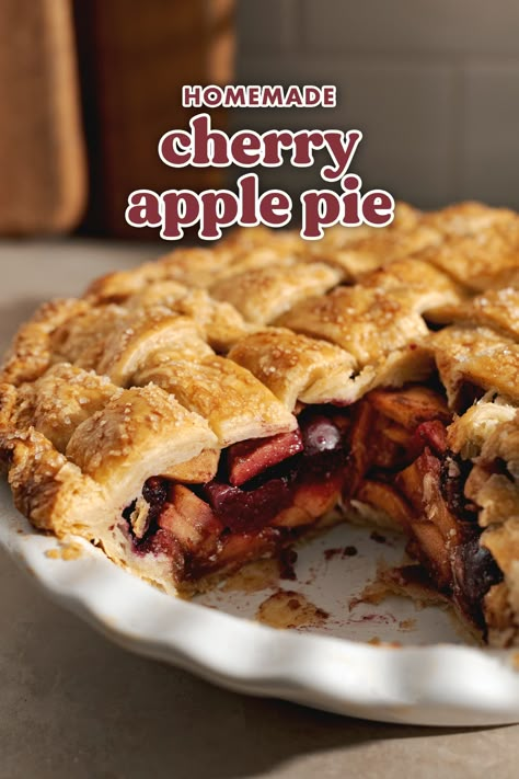 This cherry apple pie is made with a crispy and flaky pie crust and a juicy cherry and apple filling. It's the perfect pie to make during the Fall season! #applepie #pie #cherry #fallbaking #baking | teakandthyme.com Cherry Apple Pie Recipe, Cherry Apple Pie, Cherry Pie Recipe, Spiced Chai, Sweet Apples, Cozy Recipes, Pie Filling Recipes, Classic Apple Pie, Cherry Apple