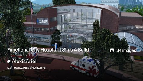 Functional City Hospital | Sims 4 Build | AlexisAriel Ts4 Hospital, Sims 4 Hospital Lot Trait, Sims4 Hospital Mod, Sims Hospital Build, Sims 4 Hospital, Staff Lounge, Lotes The Sims 4, Hospital Signs, City Hospital