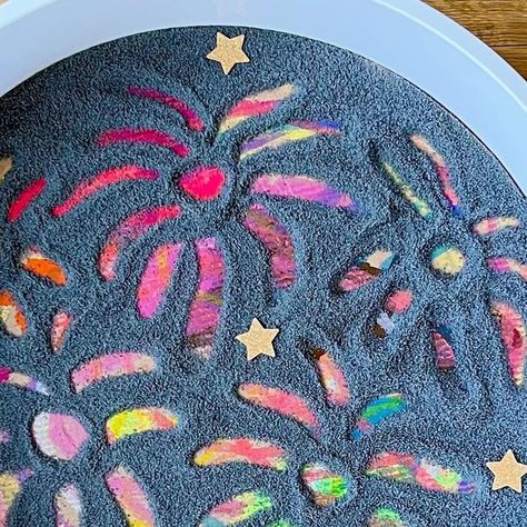 Sally on Instagram: "Firework Art & Sensory Activity Follow @raisinglittlejess for more easy art & sensory ideas! We’ve been creating some fireworks in our sensory @inspiremyplay play tray using some salt we dyed. Salt makes a great base for mark making, so this tray has been a great invitation to work on those skills. We started out creating the base using @littlebrianpaintsticks and whilst that dried we dyed the salt. We wanted to make sure the salt was properly dry so we left it for a few days, before we sieved it so that it was lovely and fine, and ready for use. Don’t forget to save for later!!" Dry Messy Play, Diwali Sensory Activities, Firework Tuff Tray Ideas, Bonfire Night Tuff Tray, Diwali Tuff Tray Ideas, Bonfire Night Activities, Diwali Games, Firework Art, Eyfs Curriculum