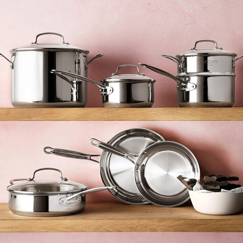 Chef's Classic Stainless Steel 11-Piece Cookware Set | Williams Sonoma Pot Sets Cooking, Kitchen Equipment Storage, Pot And Pan Set, Stainless Steel Pots And Pans, French Kitchens, Fry Pan Set, Cookware Set Stainless Steel, Stainless Steel Pans, Equipment Storage