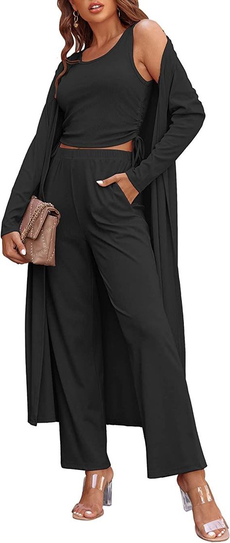 - Women's 3 piece loungewear set - Comes in Multiple colors Jumpsuit And Cardigan, Knit Lounge Set, Vest Crop Top, Maxi Dress Cocktail, Casual Cardigans, Outerwear Vest, Maxi Dress Formal, Cardigan Vest, Sweaters And Leggings