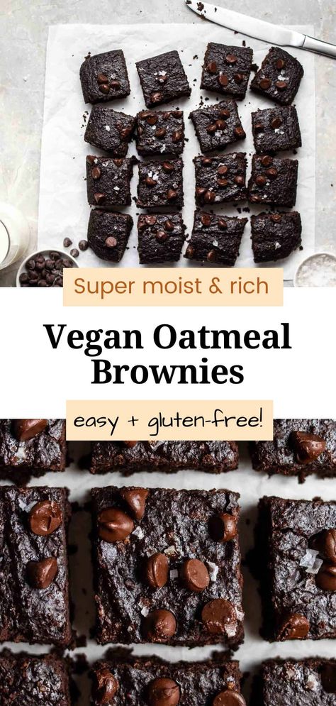 Rich and fudgy, these oatmeal brownies are mouthwatering good! A healthy sweet treat that is naturally gluten-free and vegan. These oat flour brownies are easy and quick to make too! Vegan Oatmeal Brownies, Oat Flour Brownies Healthy, Oat Brownies, Oat Flour Brownies, Wfpb Dessert, Oatmeal Brownies, Gf Brownies, Gf Treats, Veggie Options