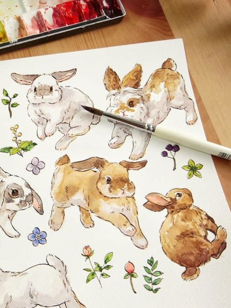 Gouache Animals, Shower Illustration, Simple Sketches, Bunny Watercolor, Bunny Painting, Bunny Drawing, Posca Art, Watercolor Art Lessons, Arte Sketchbook