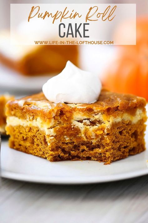 Pumpkin Roll Cake is a pumpkin spice cake that is layered with a decadent cream cheese filling. It’s time to roll this new recipe into your fall menu! Pumpkin Roll Cake Recipe, Pumpkin Flavored Desserts, Cupcakes Cinnamon, Pumpkin Poke Cake, Life In The Lofthouse, Pumpkin Dump Cake Recipe, Spice Cake Mix And Pumpkin, Pumpkin Roll Cake, Pumpkin Delight