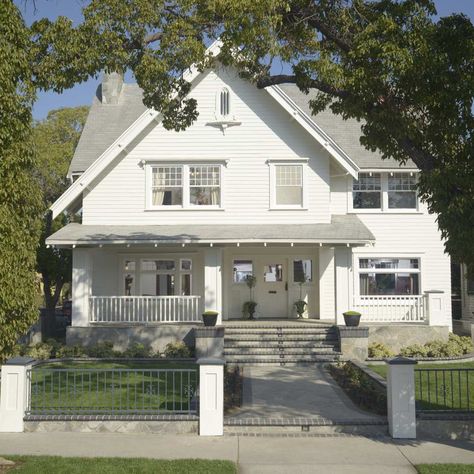 75 Craftsman White Exterior Home Ideas You'll Love - September, 2022 | Houzz White House With Gray Roof, White Craftsman House Exterior, Craftsman House Colors Exterior, All White House Exteriors, White Craftsman Exterior, White Bungalow Exterior, Exterior Trim Ideas, Craftsman Cottage Exterior, White Craftsman House