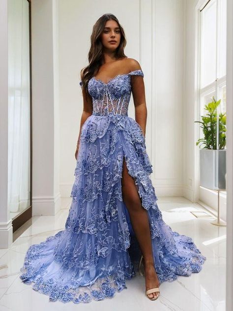 A-Line/Princess Tulle Applique Off-the-Shoulder Sleeveless Sweep/Brush Train Corset Dresses Tiered Prom Dress, Blue Homecoming Dresses, Lace Ball Gowns, Tulle Prom Dress, Black Prom Dresses, Mermaid Prom Dresses, Ball Gowns Wedding, Prom Dresses Short, Long Prom Dress