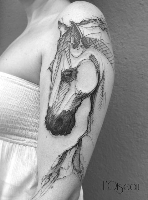 Horse Head Tattoo, Left Arm Tattoos, Horse Tattoo Design, Tattoo Machine Kits, Kunst Tattoos, Dotwork Tattoo, Horse Sketch, Head Tattoo, Geniale Tattoos