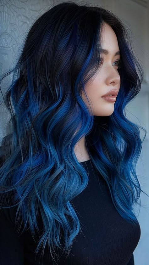 Blue Hair On Black Hair, Long Hair Blue Highlights, Black And Blue Hair Underneath, Hair Colour On Black Hair, Blue Hairstyles Long, Under Hair Color Blue, Blue Hair Dark Roots, Blue Fringe Hair, Dark Blue Ends Hair