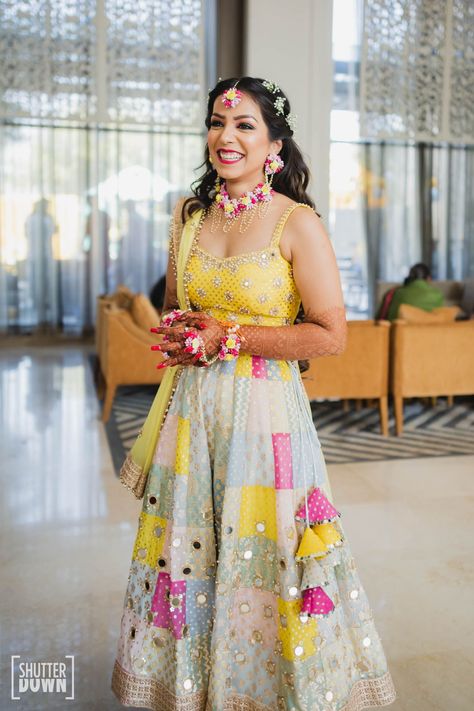 An Intimate Agra Wedding With A Pastel Floral Bridal Lehenga Floral Bridal Lehenga, Haldi Dresses, Haldi Dress Ideas, Haldi Outfit For Bride, India Wedding Dress, Mehendi Lehenga, Lehenga Bride, Ceremony Outfit, Haldi Ceremony Outfit