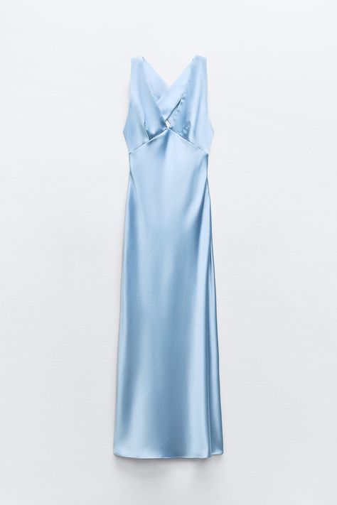 VESTIDO MIDI SATINADO Zara Dress Blue, Zara Dress, Satin Midi Dress, Blazer Dress, Swimwear Accessories, Wide Straps, Trouser Jeans, Zara Dresses, Dress Blue