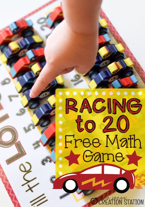 Counting on, simple addition and number identification wrapped into a FREE math game...YES, please! Add in some fun race cars from the Target Dollar Spot and it's new favorite! Free Math Games, Counting To 20, Mrs Jones, Math Activities For Kids, Kindergarten Curriculum, Creation Station, Kindergarten Math Activities, Math Game, Kindergarten Resources