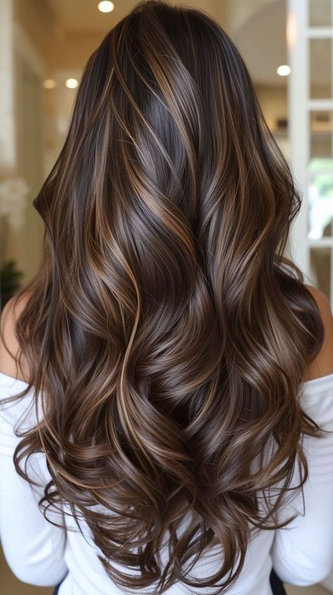 Chunky Highlights Balayage, Expresso Highlights On Brown Hair, Caramel Brown Hair Highlights, Dark Brown Hair Golden Highlights, Brown Sugar Highlights, Dark Brown With Honey Highlights, Winter Brunette Hair Color Highlights, Shades Of Brown Highlights, Coffee Highlights Hair