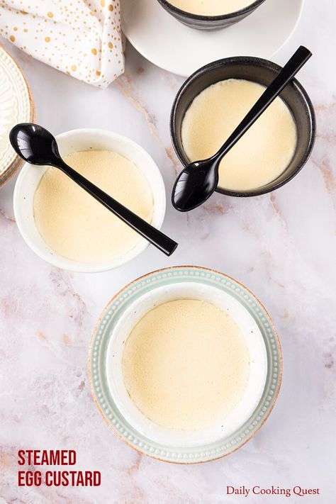 Steamed Egg Custard Recipe | Daily Cooking Quest Steamed Custard, Egg Custard Recipe, Bamboo Steamer Recipes, Steamed Egg Custard, Chinese Cuisine Recipes, Egg Custard Recipes, Steam Oven Recipes, No Egg Desserts, Custard Recipe