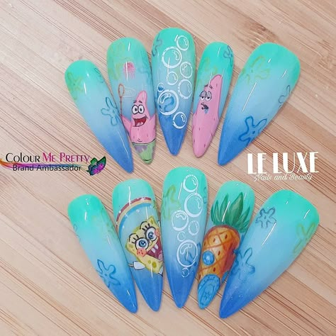 Patrick Star Nails Design, Patrick Nails Spongebob, Spongebob And Patrick Nails, Patrick Star Nails, Spongebob Nails Easy, Spongebob Nails Acrylic, Spongebob Nails Designs, Spong Bob Nails, Nail Art Designs Spongebob