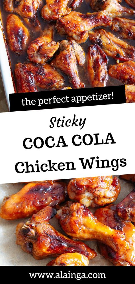 These Sticky Coca Cola Chicken Wings are super delicious and make the perfect snack or appetizer. You can also use the coca cola glaze on chicken thighs, chicken breast or any other chicken pieces. They are great served on their own or with some rice or noodles. Whiskey Cola Chicken, Chicken Wings In Crockpot With Coke, Crockpot Cola Chicken, Chicken Nibbles Marinade, Chicken Wings In Coke, Coke A Cola Chicken Wings, Coke Cola Chicken Wings Recipe, Coke Wings Recipe, Coca Cola Chicken Wings Recipe