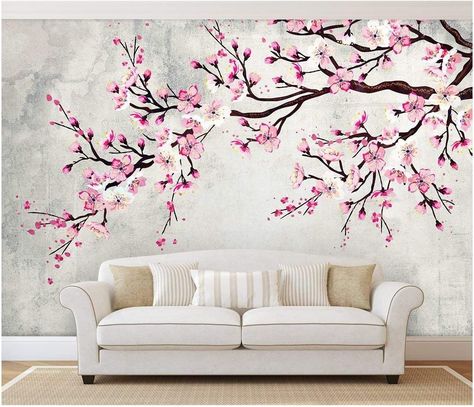 Vintage Wall Background, Wallpaper Painting, Cherry Blossom Wall Art, Large Wall Murals, Diy Wand, Pink Cherry Blossom, Vintage Cherry, Wall Painting Decor, Wall Murals Painted