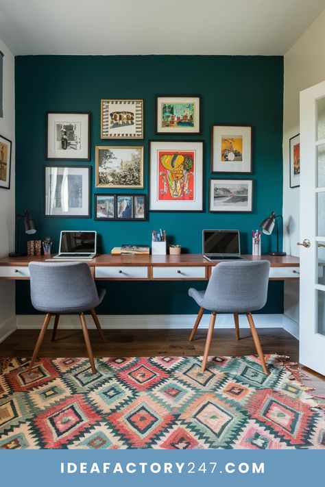 Colorful decor in a small home office workspace Teal Study Home Office, Teal Home Office, Boho Office Space Workspaces, Boho Office Room, Small Home Office Decor, Teal Office, Tiny Home Office, Boho Office, Home Office Decor Ideas