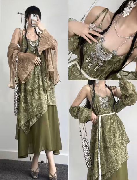 Elf Fashion Aesthetic, Swamp Fairy Outfits, Swamp Witch Aesthetic Outfit, Nature Witch Clothing, Swamp Core Outfits, Swamp Clothing, Swamp Witch Outfit, Wizard Outfit Female, Swamp Outfit